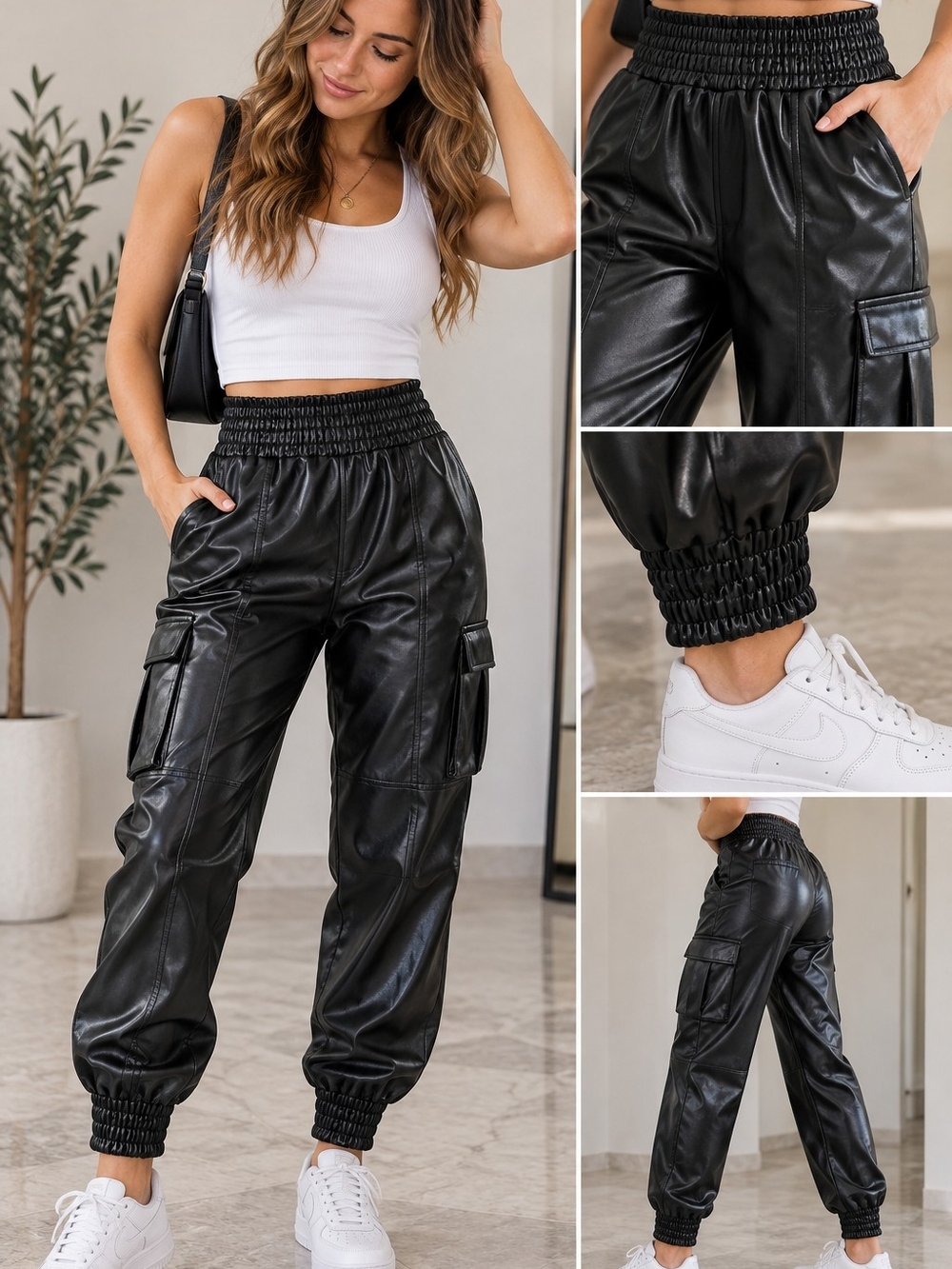 Fate Women's Faux Leather Cargo Jogger Pants Black Size S